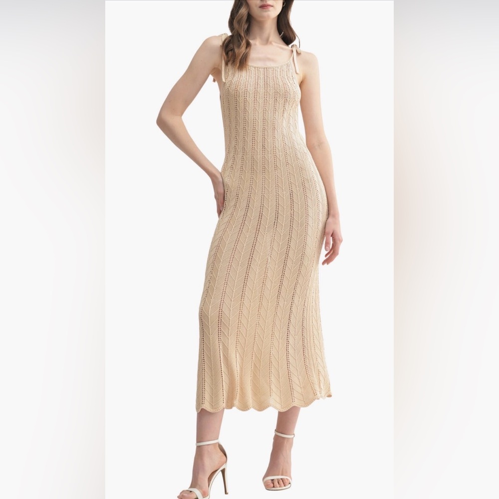 Lush Cream Knit Tie Shoulder Pointelle Sweater Midi Dress